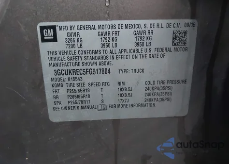 2015 Chevrolet Silverado 1500 2Lt from USA, damaged, VIN 3GCUKREC5FG517804